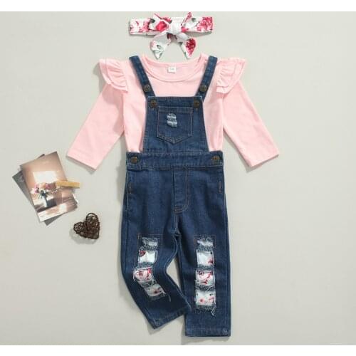 3pcs Little Girls Outfit Solid Color Fly Long Sleeve Round Collar Tops Ripped Denim Suspender Trousers Headwear Set