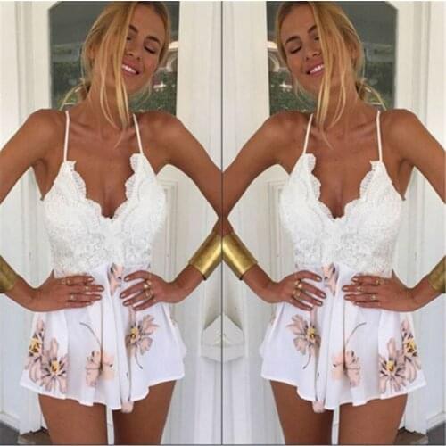 Summer Floral Printing Women Sexy Jumpsuits Playsuits Ladies Clubwear V Neck Lace Evening Party Clothes For Ladies