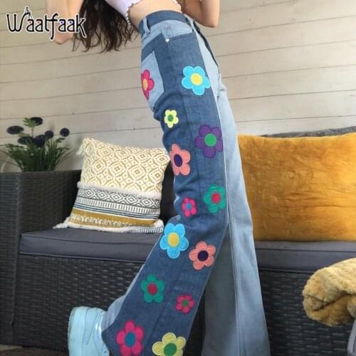 Waatfaak Floral Cute Patchwork Vintage Jeans Mom Contrast High Waisted Jeans Blue Denim Y2K Wide Leg Trousers Baggy Street 90S