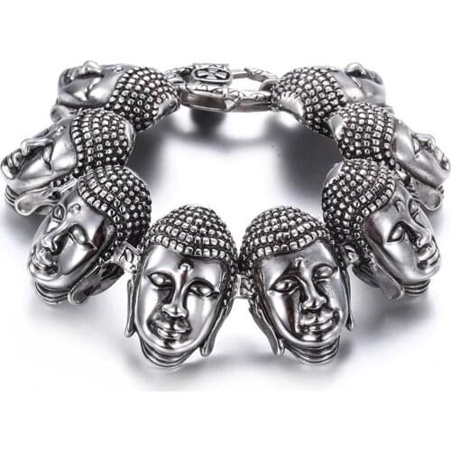 Fashion 22CM*34MM Charm 316L Stainless Steel Heavy Mens Buddha Heads Cuff Bracelet Silver Color Top Quality Bangle Jewelry
