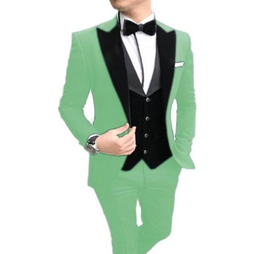 One Button Men Suits Light Green and Black Groom Tuxedos Peak Lapel Groomsmen 3 Pieces Set ( Jacket+Pants+Vest+Bow Tie ) D315