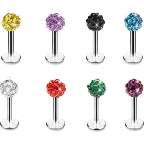 1.2*8*3mm Luxury Crystal Ball Lip Studs Labret Dimple Tragus Helix Earring Ear Bar Body Piercing Gift 16g Thickness Promotion