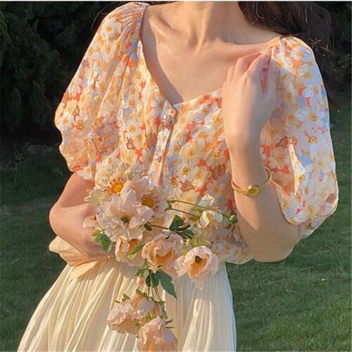French oil painting shirt silk puff sleeve shirt summer new style slim cardigan puff sleeve chiffon shirt 02-TE-ksppyh