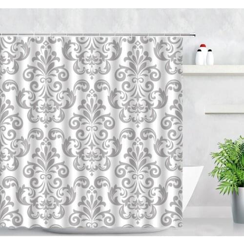 Silver Antique in The Style of Baroque Gray Shower Curtains White Floral Graphic Pattern Bathroom Curtain Damask Waterproof Set