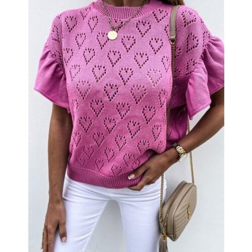 Crew Neck Vintage Sweater Tops Women Butterfly Short-Sleeved Heart-Shaped Knitted Top Hollow Out Sweaters Casual 2021 Tops