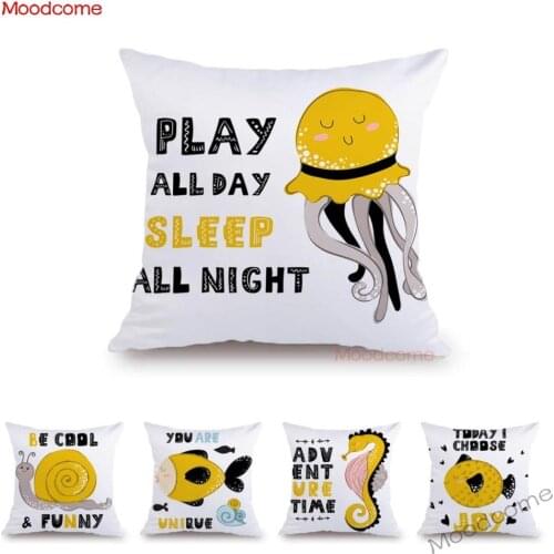 Yellow Cute Cartoon Marine Animals Fish Sea Horse Baby Nursery Art Sofa Throw Pillow Case Soft Velvet Cushion Cover Home Decor
