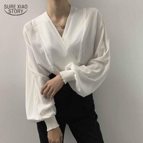 Fashion Cross V-neck Casual Loose Blouse Women Pleated Elegant Woman Top Autumn Lantern Long Sleeve White Womens Shirts 16433