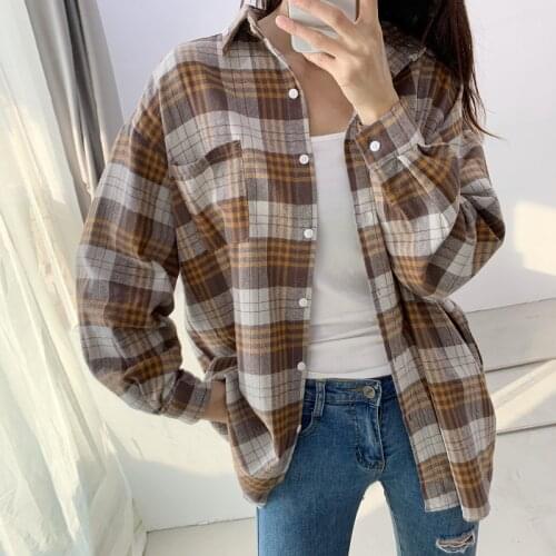 Women Autumn Plaid Shirt Boyfriend Style Blouses Casual Female Loose Shirts Ladies Tops 100% Cotton Fabric Oversized