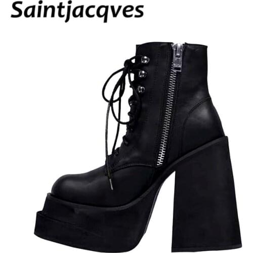 Brand Genuine Leather Women Ankle Boots Zipper Black High Heels Platform Autumn Winter Dress Party Shoes Woman Riding Boots 43