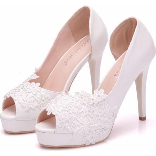 Women sandals wedding Party Lace PU Slip On 11CM Thin High heels Peep Toe waterproof women shoes sandalias mujer 2020 size 35-42