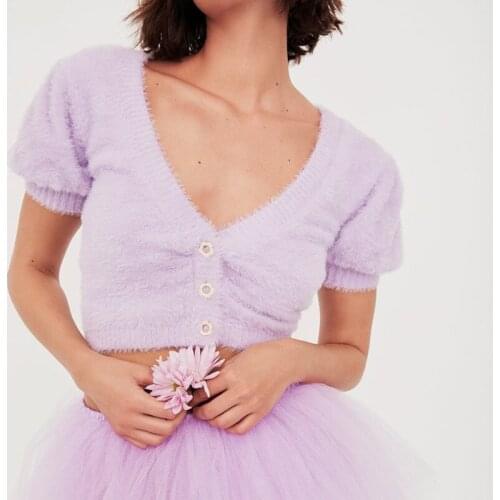 New fashion womens solid color V-neck short-sleeved cardigan retro v-neck puff sleeve sexy short top women A610