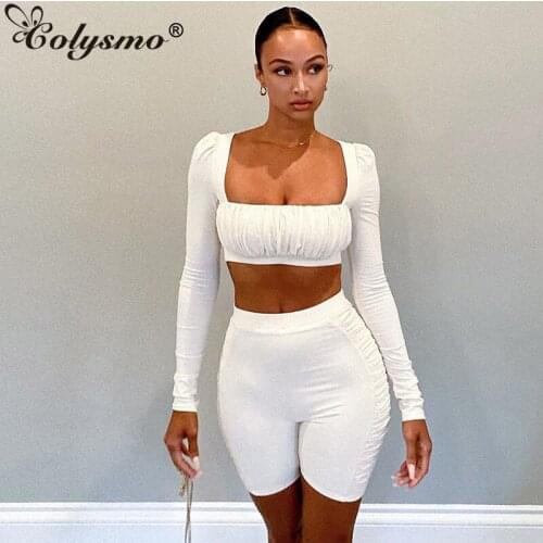 Colysmo Casual Ruched Two Piece Set Women Tracksuit Summer Crop Top And Biker Shorts Matching Sets Bodycon Outfits Sportswear