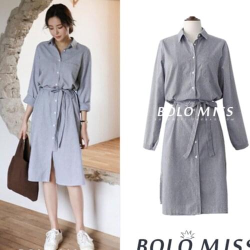 2020 spring autumn turn down collar striped dress women single breasted shirt dress