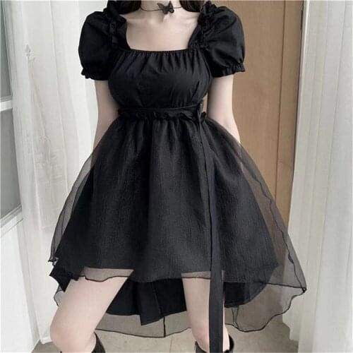 Gothic Harajuku Club Dress Korean Style Fairy Mesh Elegant Puff Sleeve Woman Dress Vintage Dresses for Women Summer 2021 Black