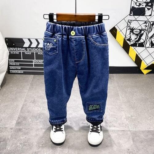 Winter Pants For Boys New Arrival Childrens Fashion Letter Thicken Jeans Causal Plus Velvet Warm Boys Denim Pants Kids Trousers