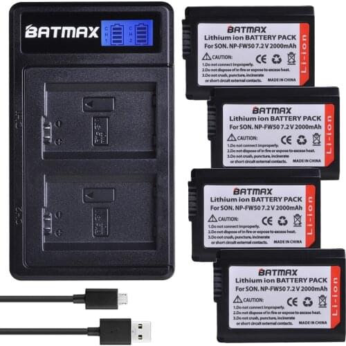 Batmax 4pcs NP-FW50 NPFW50 Battery+LCD USB Dual Charger for Sony A6000 a6400 a5100 a35 A55 a7s II alpha 55 alpha 7 A72 A7R Nex7