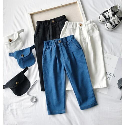 Childrens Jeans 2019 New Korean Baby Boys and Girls Denim Pants Kids Casual Jeans with Pocket Baby Solid Jeans Trousers 2-7Y