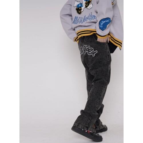 Hip Hop Ankle Lace Up Letter Embroidery Jeans Men Harajuku Washed Retro Straight Baggy Denim Trousers Mens Oversize Casual Pants