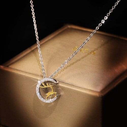 Exquisite Christmas Elk Antler Stone Crystal Pendant Necklace Clavicle Chain Elongated Necklace Christmas Gift Silver Necklace