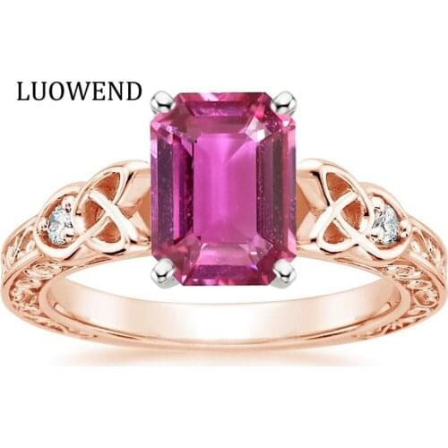 LUOWEND 18K Rose Gold Ring Natural Pink Sapphire Jewelry Oval/Rectangle Pear Shape Design Diamond Band Gemstone Ring Customize