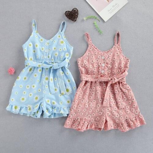 FOCUSNORM Summer Infant Baby Girls Jumpsuits 1-6Y Strapless Sleeveless Floral Printed V Neck Single Breasted Bow Belt Rompers