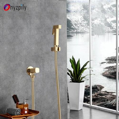 Onyzpily Bidet Faucet Golden Brushed Gold Toilet Hand Bidet Faucet Wall Mounted Stainless Steel Hose Bidet Sprayer Set Kit