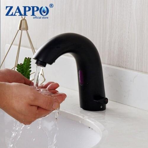 ZAPPO Matte Black Bathroom Automatic Infrared Sink Faucets Hands Touchless Free Faucet Sensor Tap Hot & Cold Water Mixer Tap