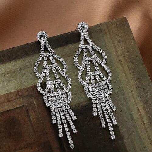 New Crystal Flower Long Drop Earrings for Elegant Women Bridal Geometric Earring Statement Wedding Jewelry Accessories Gift
