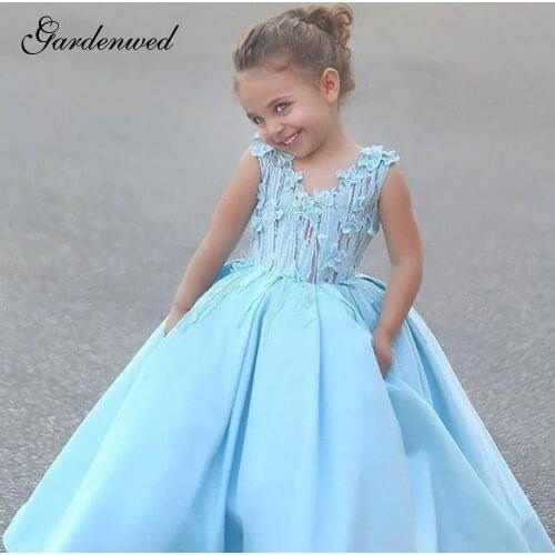 Gardenwed Cute Blue Flower Girls Dresses Lace Appliques Sleeveless Long Kids Dress Embroidery Organza Baby Ball Gown,Vestidos