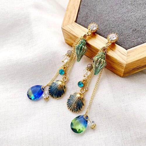 2020 Summer Blue Crystal Shell Long Drop Earrings For Women Boho Beach Holiday New Fashion Earrings Jewellery