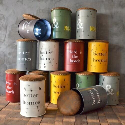 Vintage Storage Metal Bar Stool American Drums Stool Soft Decoration