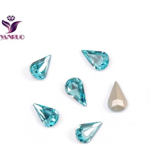 YANRUO 4300 Pear Drop Aquamarine Rhinestones for Crafts Ornaments Claw Base Sew on Clothes All for Needlework