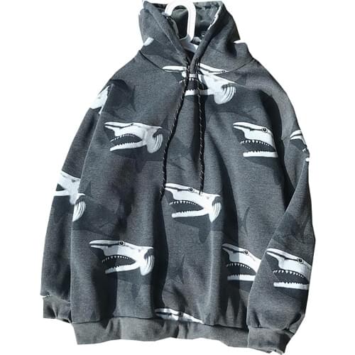 HOT SALES！！！New Arrival Men Autumn Sharks Print Long Sleeve Drawstring Hoodie Plush Thick Sweatshirt