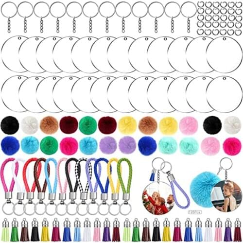 Acrylic Round Shape Keychain Blank Transparent Ornament Pendants and Keychain Tassels Jump Ring Set for DIY Craft