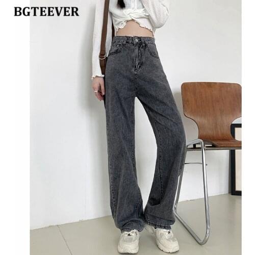 BGTEEVER Stylish Chic Loose Floor-Length Jeans Trousers for Women High Waist Button Female Wide Leg Denim Pants 2021 Autumn