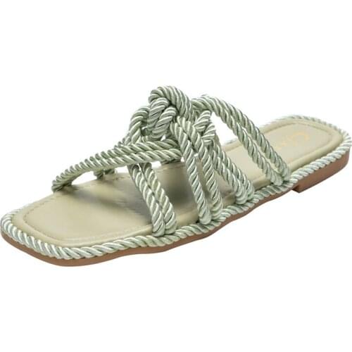 Women Slippers Personality Hemp Rope Upper Design Flat Sandals Women Casual Solid Color Square Toe Hollow Flat Heel Woman Shoes
