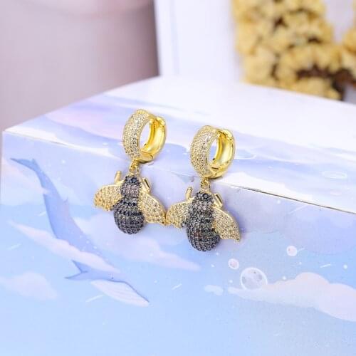 JUWANG Vintage Luxury Women Stud Earrings AAA Cubic Zirconia Beetle Bee Pendant Dangle Earrings DIY Jewelry Pendientes Mujer