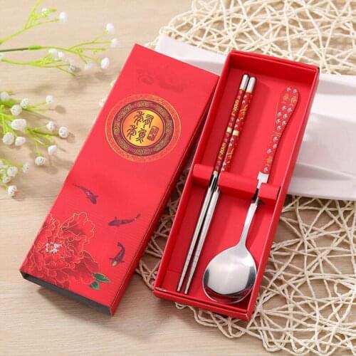 150 pcs/lot Stainless Steel Dinnerware Double Happiness Red Color Spoons Chopstick Sets Wedding Party Gifts For Guest