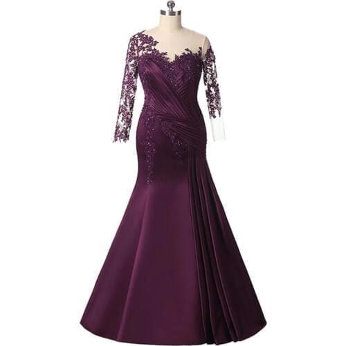 2021 Stunning Latest Purple Mermaid Lace Mother of the Bride Dresse Long Sleeve Wedding Guest Gowns Jewel Neck Beaded Sheer Back