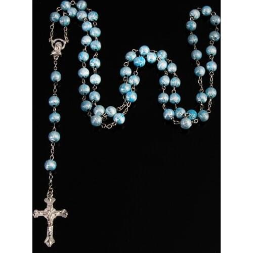 8mm Pearl Crystal Bead Rosary Pendant Necklace Alloy Cross Virgin Mary Center Catholic Christian Religious Jewelry