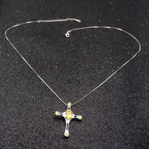 Hermosa Glowing Shiny Holy Cross YellowCitrine Silver Color For Women Charms Pendant Chain Necklace 20 Inch