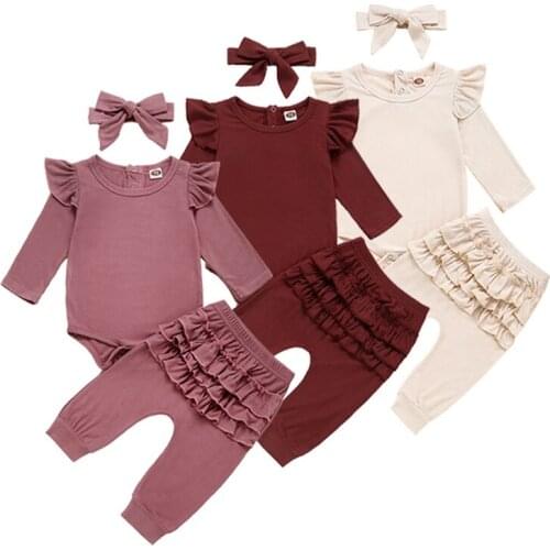 3 Piece Baby Girl Clothes Set Newborn Girls Cotton Solid Stripes Ruffle Long Sleeved Romper + Pants with Infant Headband