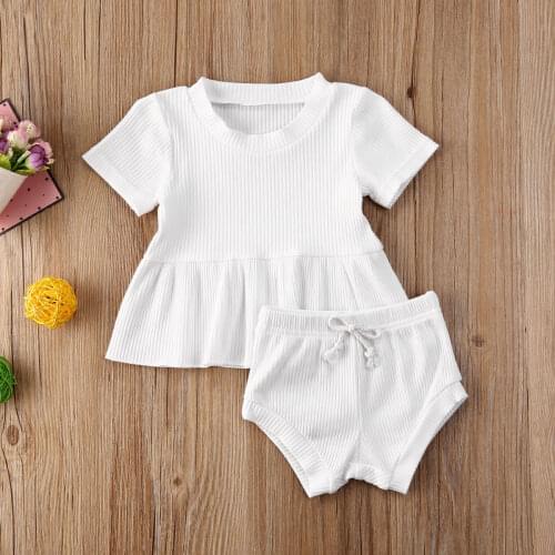 2020 Baby Summer Clothing Infant Newborn Baby Girls 2Pcs Set Ribbed Outfits Short Sleeve Shirt Dress Tops Shorts Bottoms Outfit