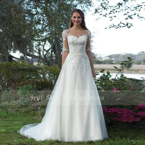 Beautiful Wedding Dress Organza Satin A-Line Gown with Illusion Sleeves and Lace Appliques Custom Made Bridal Dresses