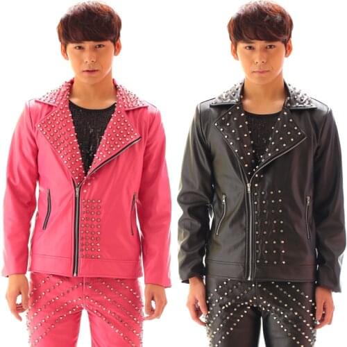 Fashion Personality Rivet Leather Motorcycle Jacket Punk style Mens leather pants party show stage performance wear