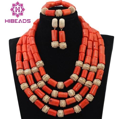Fashion Nigerian Coral Beads Necklaces Set for Wedding Gold Dubai Bridal Statement Necklace Set Free Shipping CNR635