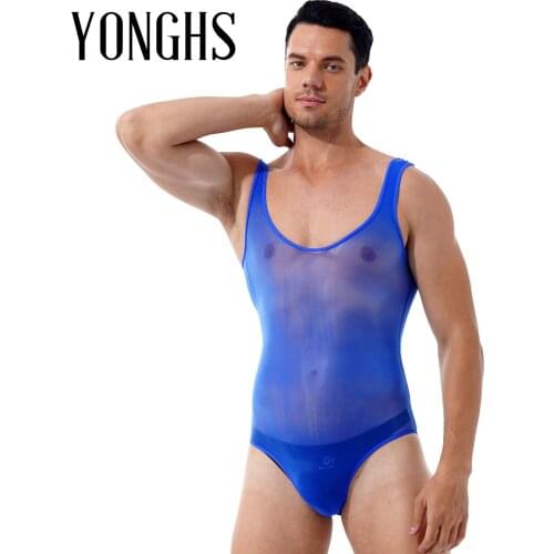 Mens Sleeveless See Through Romper Nightwear Erotic Lingerie Catsuit Leotard Scoop Neck Glossy Wet Look Hot Bodycon Jumpsuit