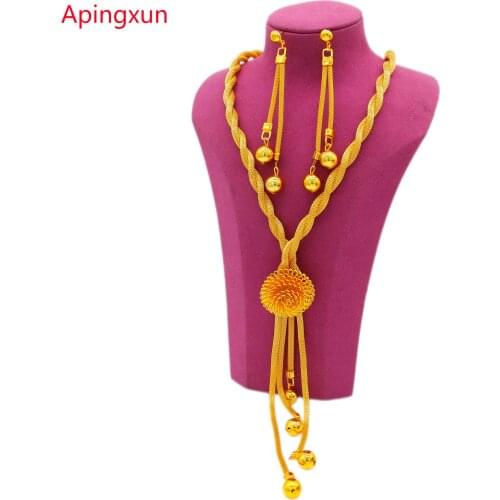 Apingxun Big Flower Gold Necklace&Earrings Set French Dubai African Women Bridal Wedding Decoration Party Luxury Beads Jewelry