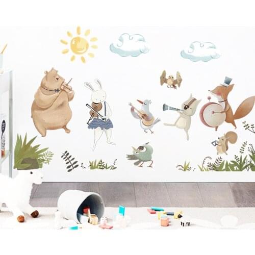 Nordic Watercolor Animal Band Music Player Wall Stickers for Kids Room Baby Nursery Room Decoration Wall Decals Home Decor PVC