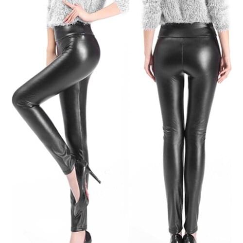 Pure Color Faux Pu Leather Pants Women Elastic High Waist Winter Leggings Slim Velvet Leather Leggings Skinny Fleece Trousers